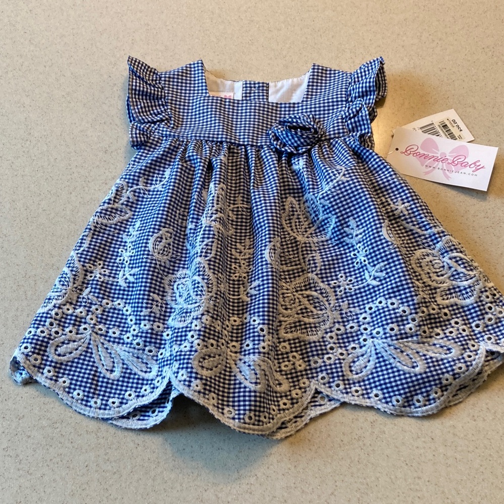 NWT Bonnie Baby Blue and White Gingham Eyelet Embroidered Dress Size 18 Month